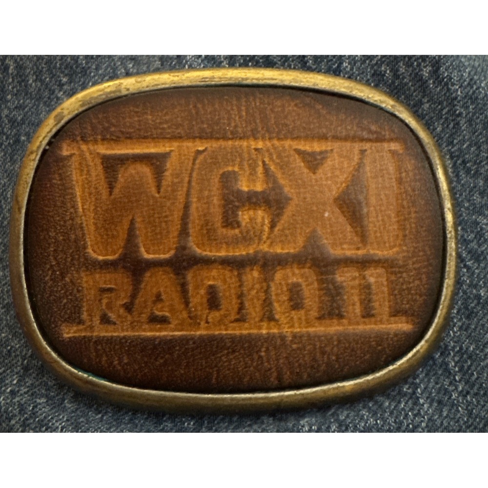 VTG Brass Leather Radio 11 WCXI Belt Buckle Detroit Country Music Western Wear